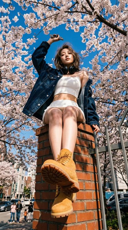 Cherry Blossom Brick Wall Extreme Low Angle Timberland Boots Street Editorial Portrait