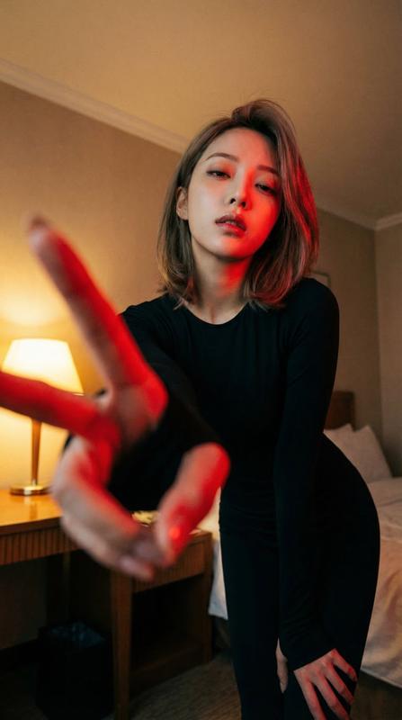 Hotel Red Light V-Sign Low-Angle Seductive Selfie Portrait