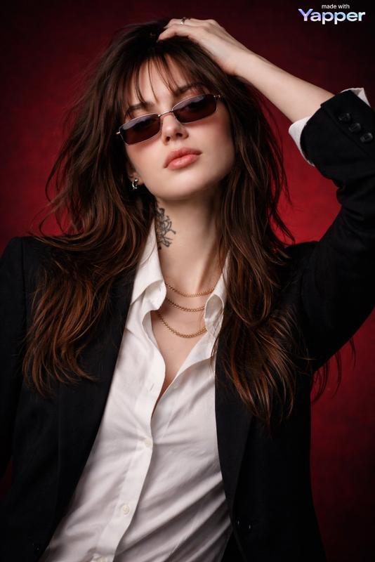Deep Red Backdrop Sunglasses Blazer Cinematic Fashion Editorial Portrait
