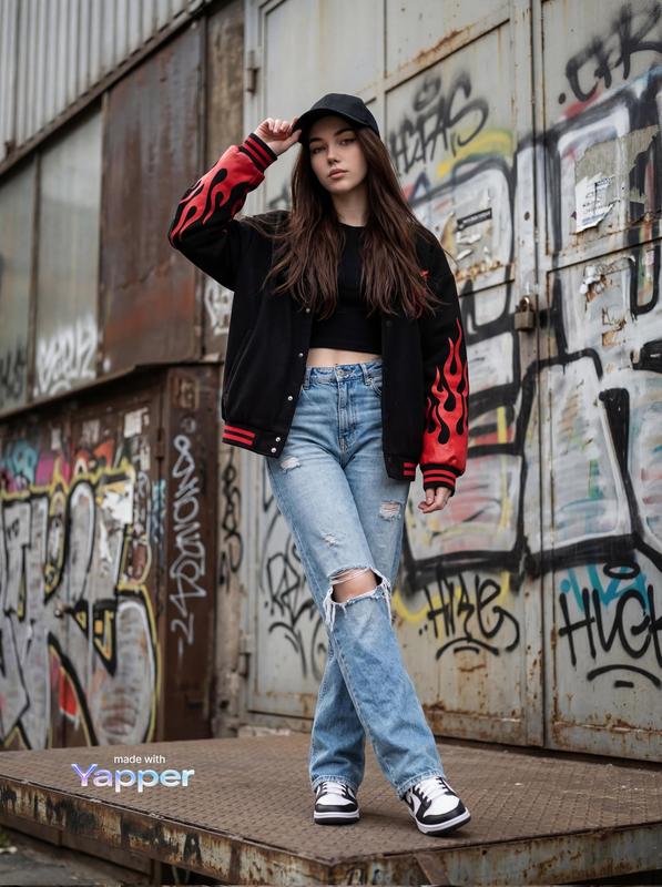 Urban Graffiti Wall Flame Jacket Streetwear Full Body Portrait