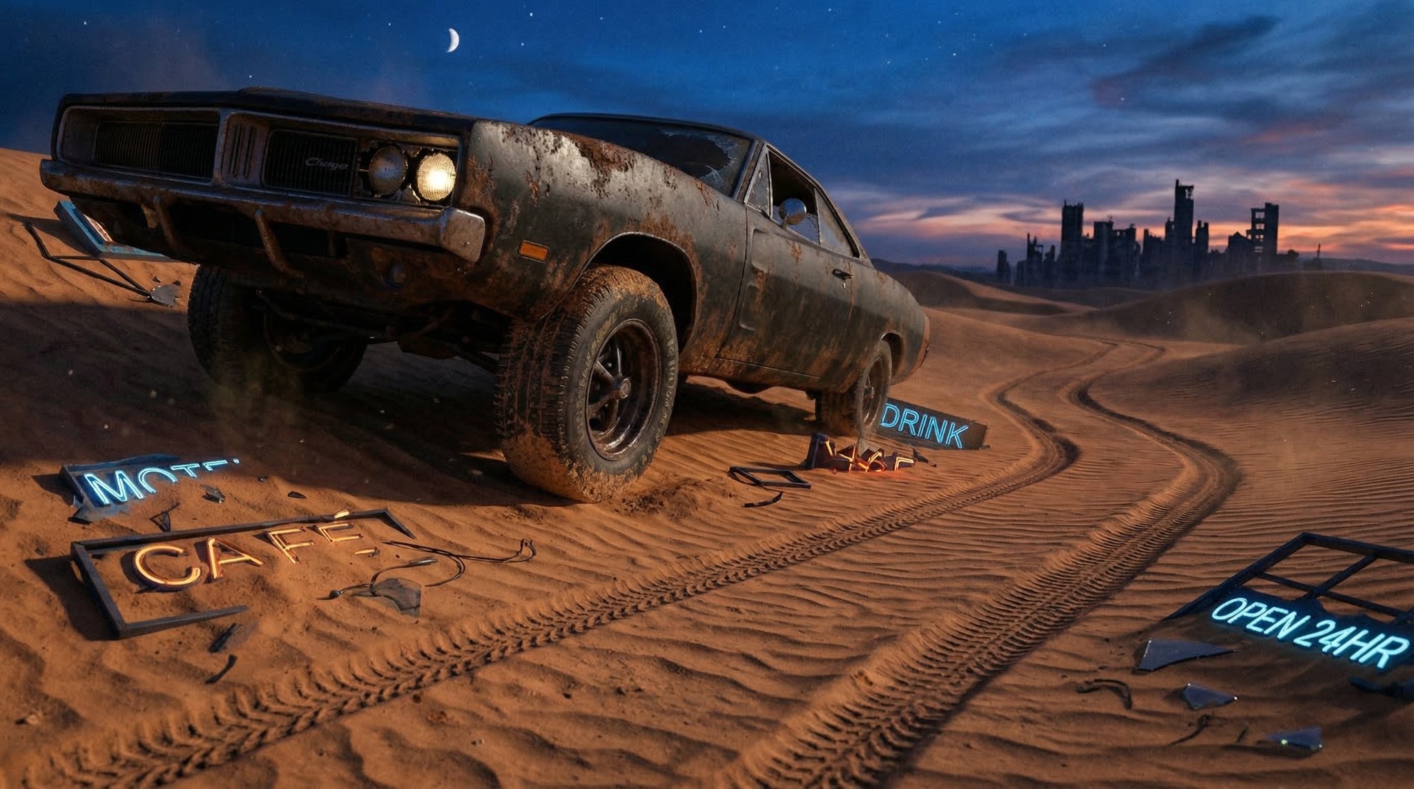 Desert Abandoned Muscle Car Blue Hour Cinematic Scene