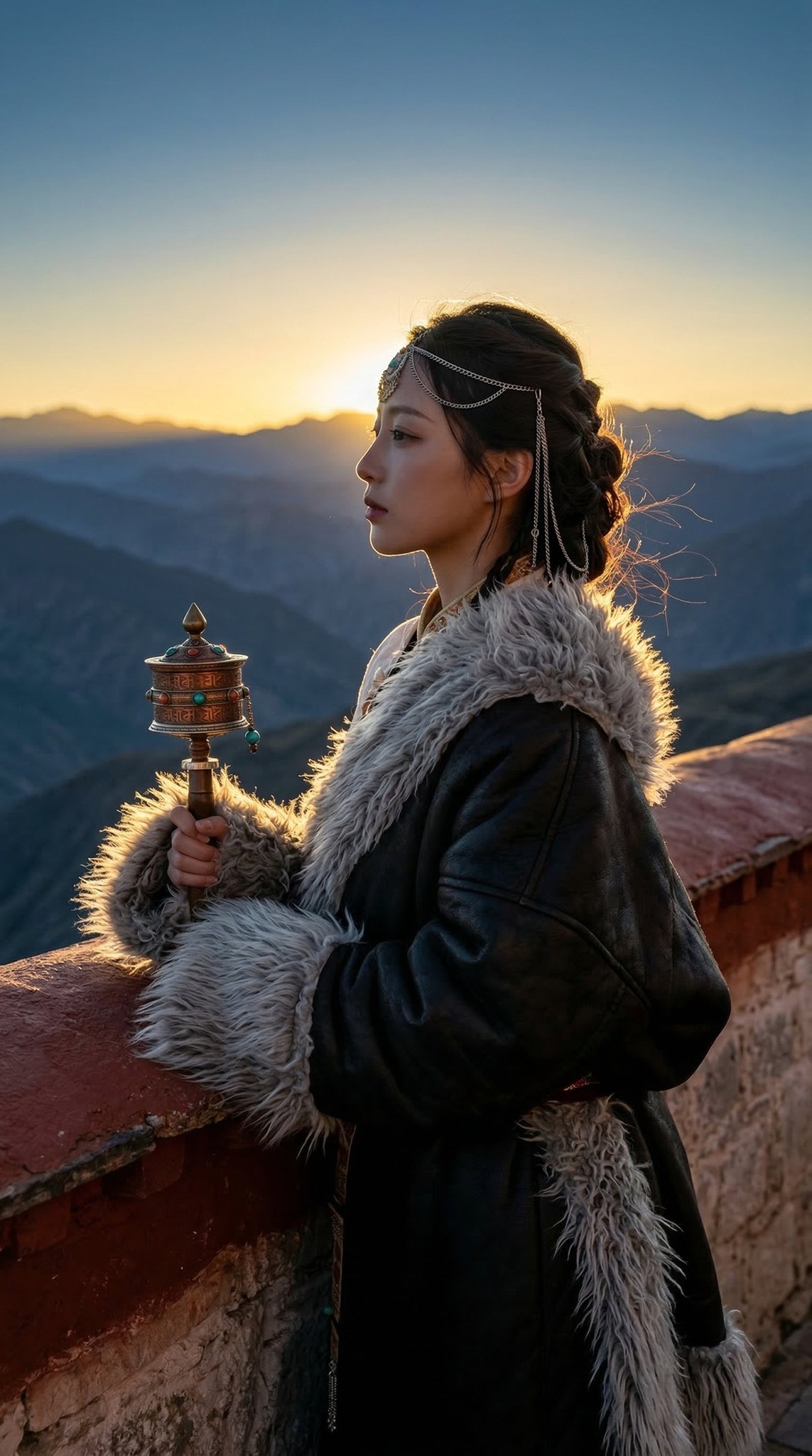 Tibetan Monastery Terrace Golden Hour Prayer Wheel Silhouette Portrait