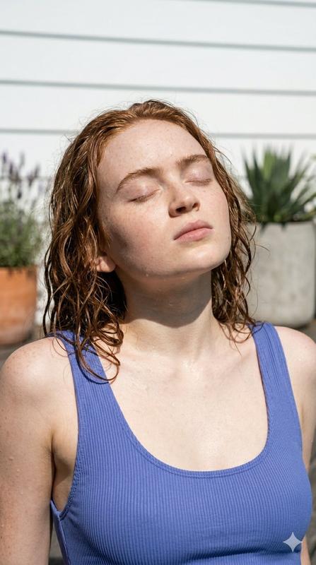 Poolside Sunlit Red Hair Eyes-Closed Relaxed Portrait