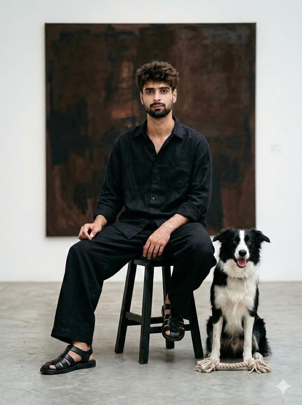 Minimalist Art Gallery Black Linen Shirt Border Collie Male Portrait