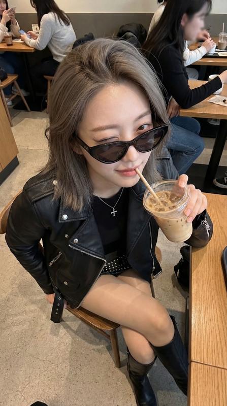 Cafe Iced Coffee Leather Jacket Sunglasses Cool Girl Portrait