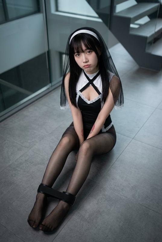 Nun Cosplay Black Lace Dark Mood Portrait