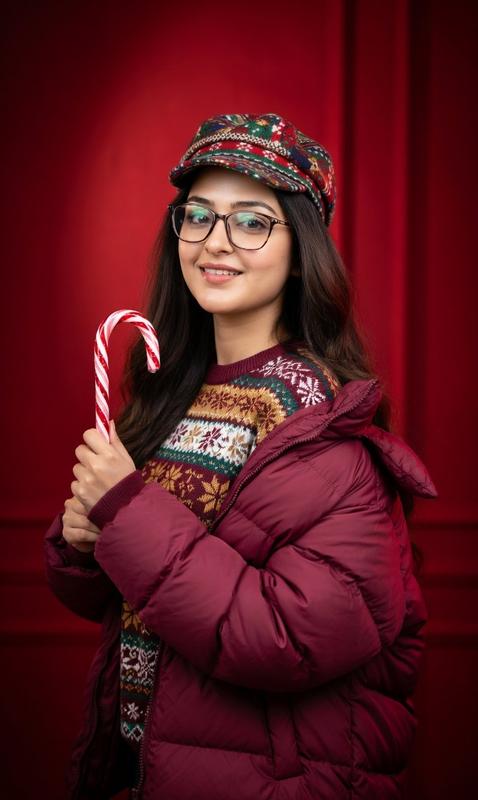 Red Gradient Background Puffer Jacket Candy Cane Commercial Portrait