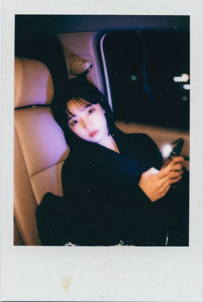 Vintage Polaroid K-Pop Girl Car Backseat Melancholic Night Portrait