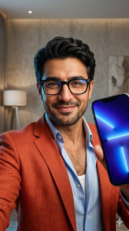 South Asian Orange Blazer Smartphone Warm Professional Male Portrait