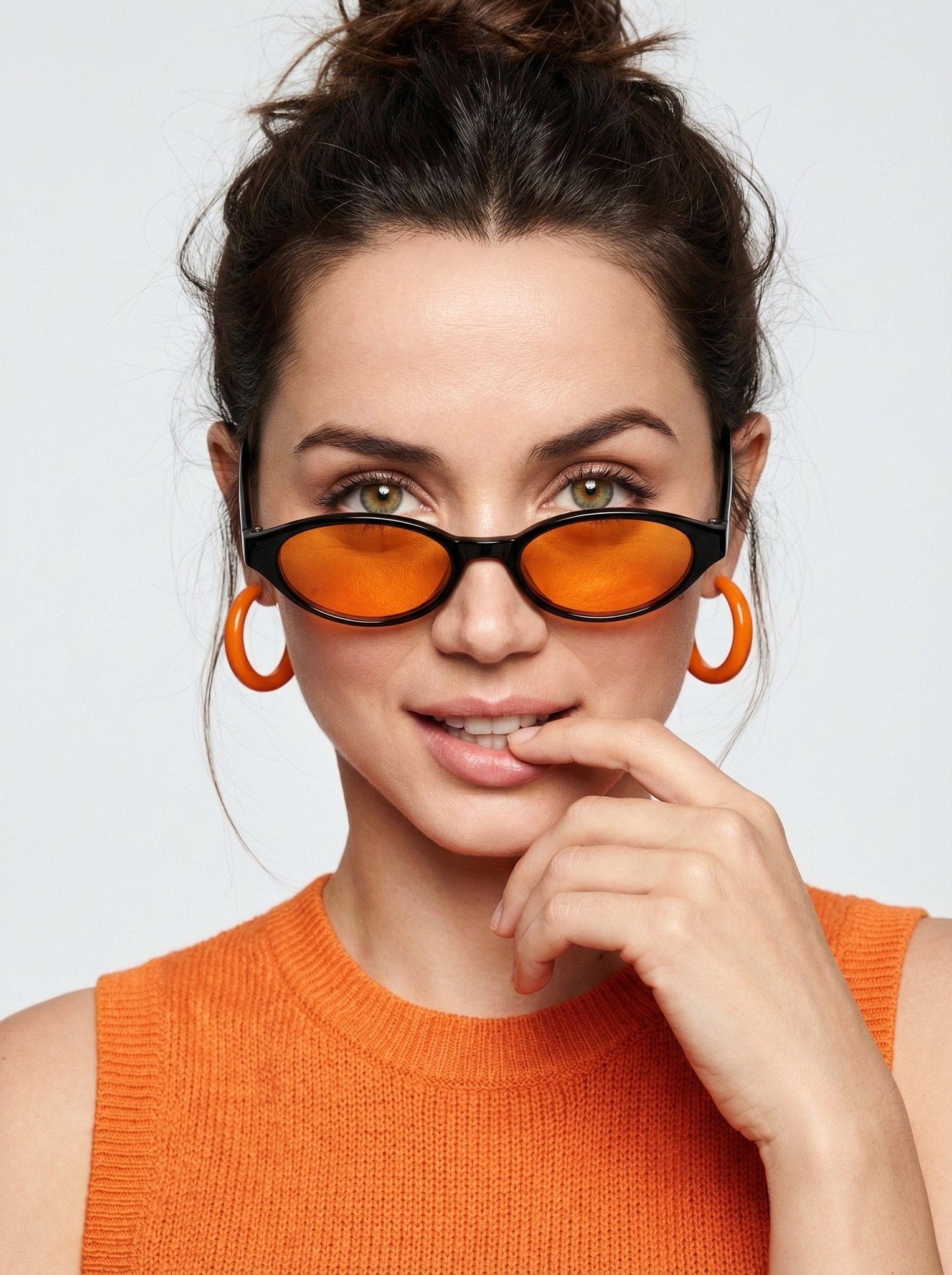 Orange Knit Top Sunglasses Playful Finger Lip Close-Up Portrait