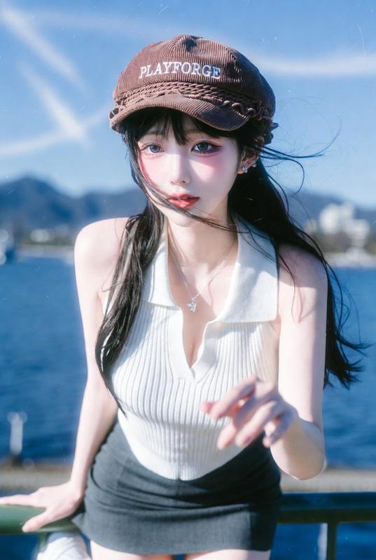 Lakeside Girl Knit Top Baseball Cap Dreamy Lazy Portrait