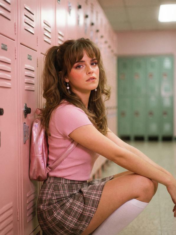 Retro 90s School Pink Lockers Plaid Skirt Girl Portrait