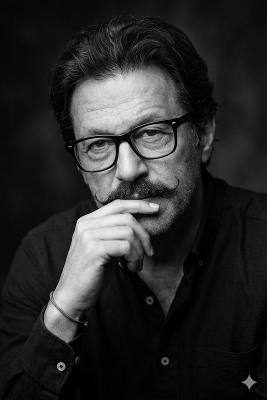 Black White Classic Male Curly Hair Glasses Handlebar Mustache Pensive Portrait