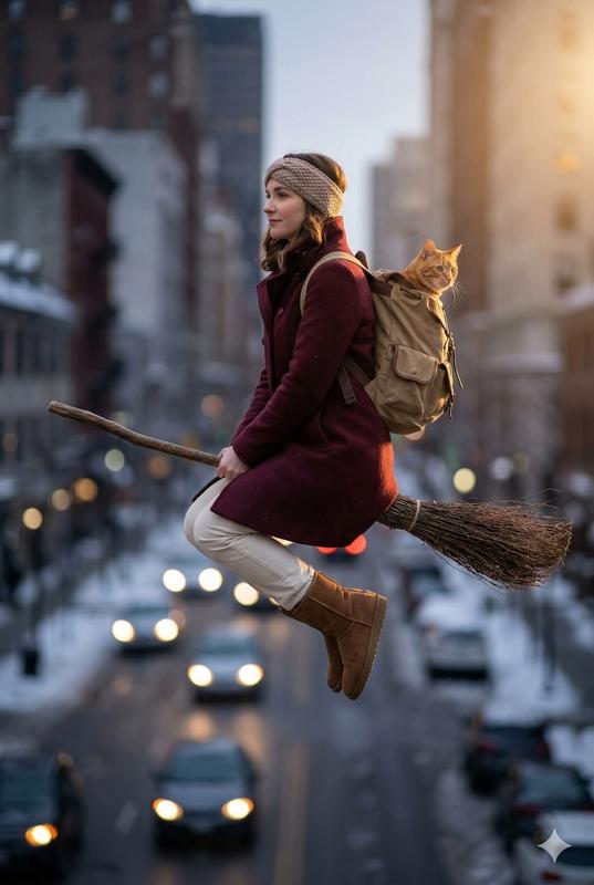 Magic Broomstick Flying Orange Cat Golden Hour Urban Fantasy Portrait