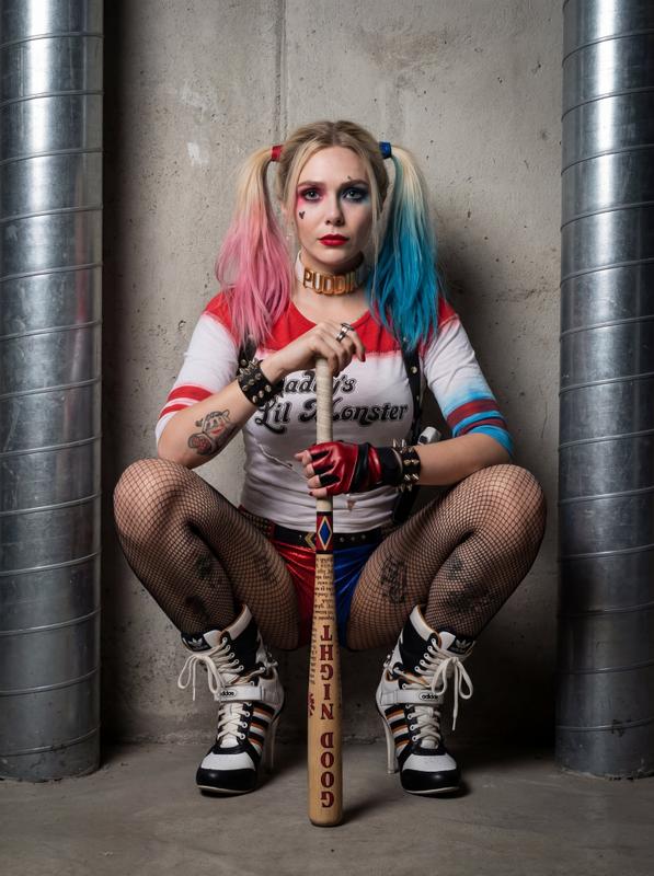 Harley Quinn Cosplay Industrial Background Baseball Bat Crouch Portrait