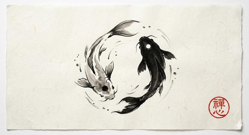 Yin Yang Koi Fish Sumi-e Ink Painting