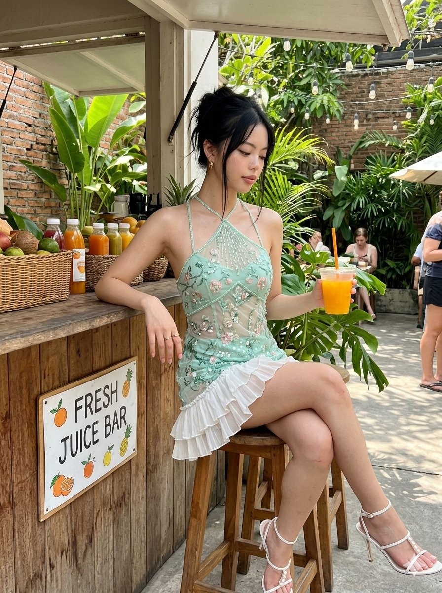 Mint Green Halter Dress Juice Stand Street Photo
