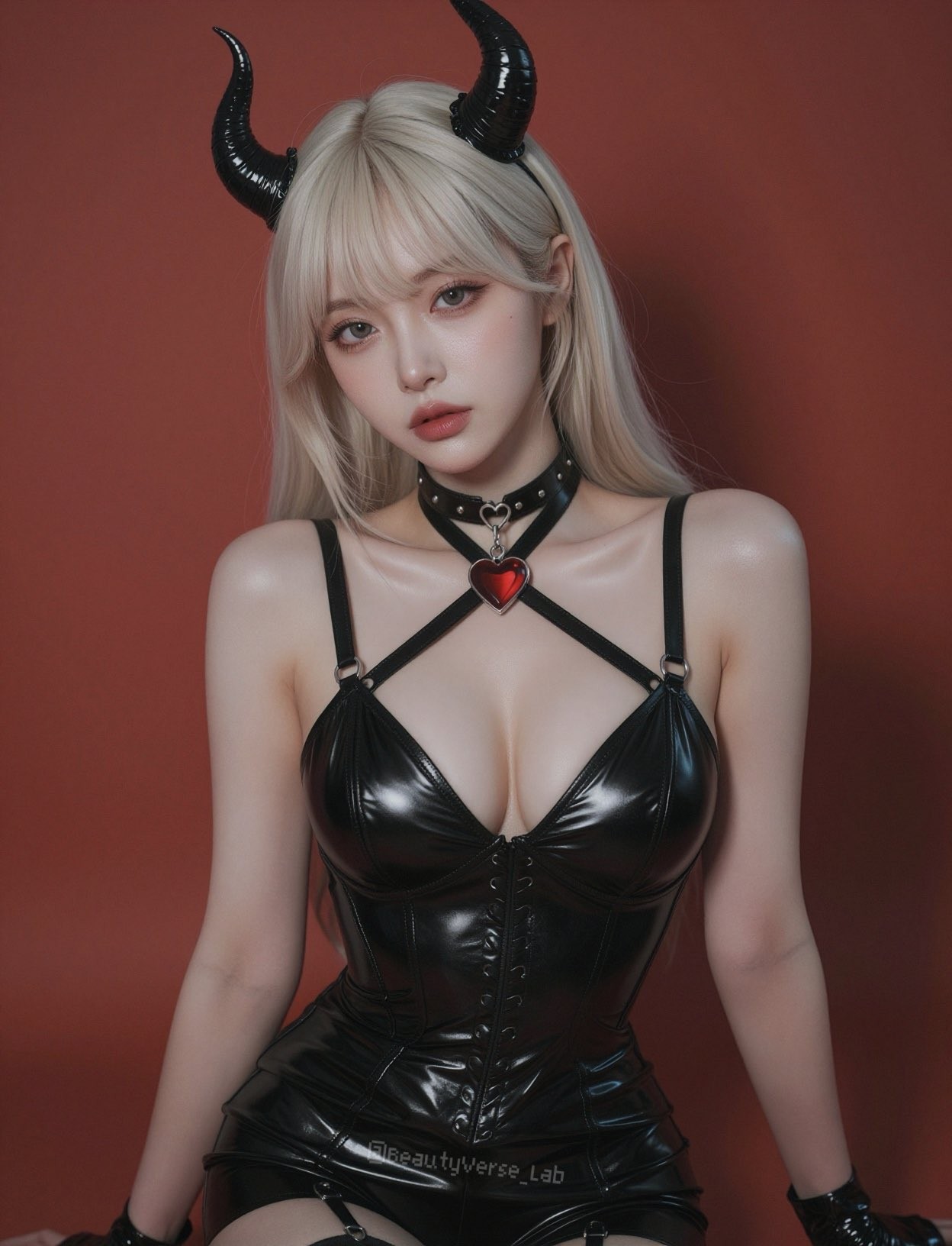 Dark Demon Horns Latex Corset Red Background Portrait