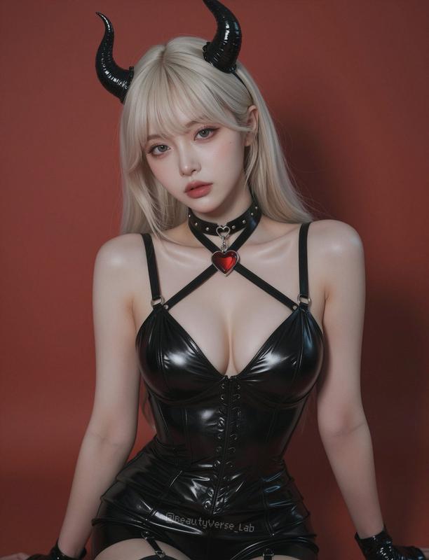 Dark Demon Horns Latex Corset Red Background Portrait