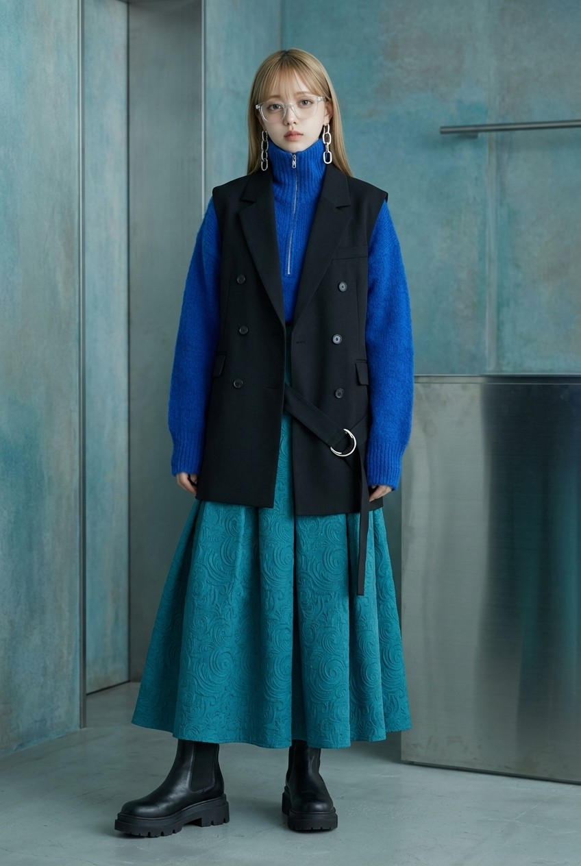 Cobalt Blue Zip Turtleneck Avant-Garde Layered Outfit