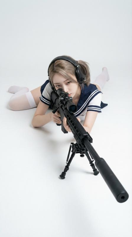 Sailor Cosplay Prone Sniper White Studio Portrait