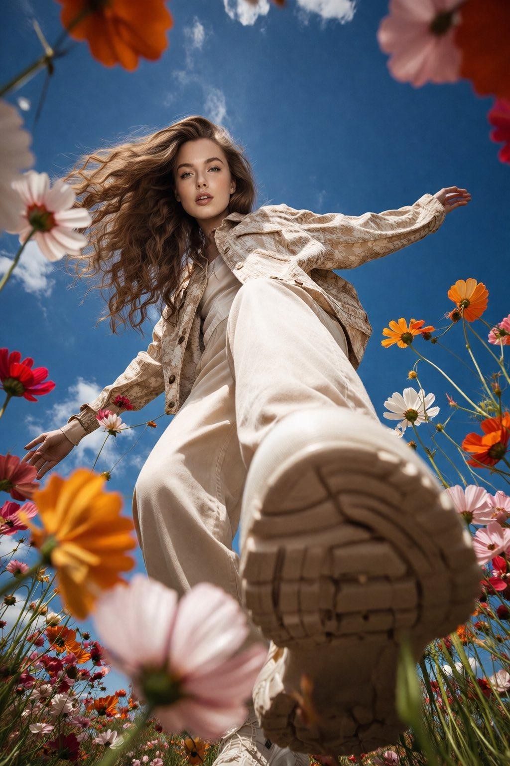Flower Field Low-Angle Fashion Editorial Portrait