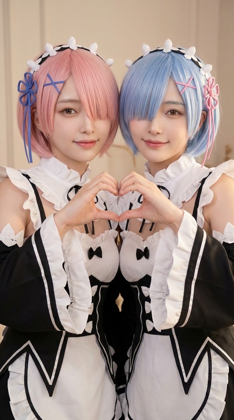 Pink Blue Twin Maid Cosplay Heart Pose Portrait