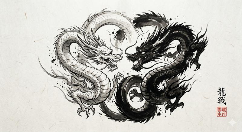Yin Yang Twin Dragons Sumi-e Ink Painting
