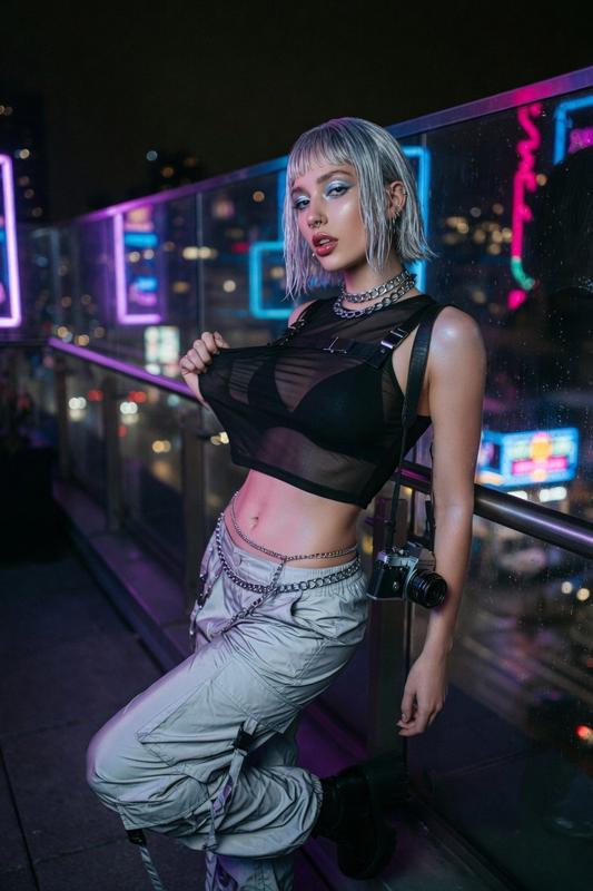 Cyberpunk Rooftop Neon Night Female Portrait