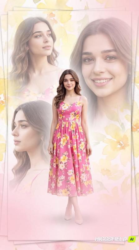 Watercolor Floral Dreamy Multi-Layer Collage Pink Dress Portrait