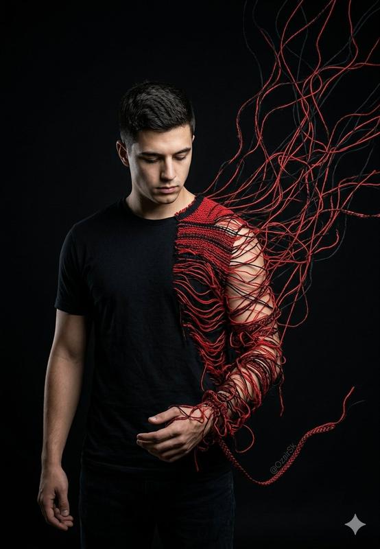 Red Black Thread Unraveling Surreal Bust Portrait