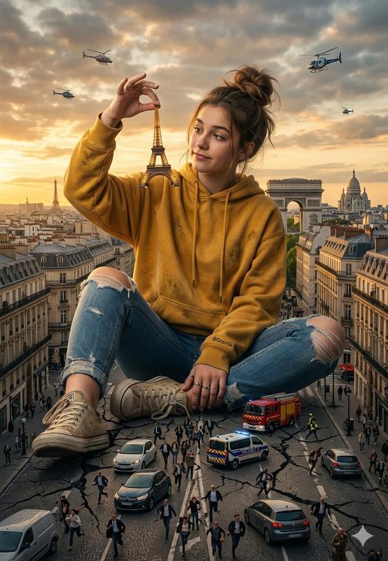 Giant Girl Paris Eiffel Tower Surreal Scene
