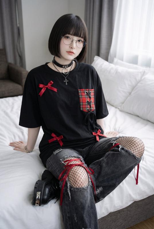 Dark Gothic Punk Red Ribbon Tartan Fashion Outfit