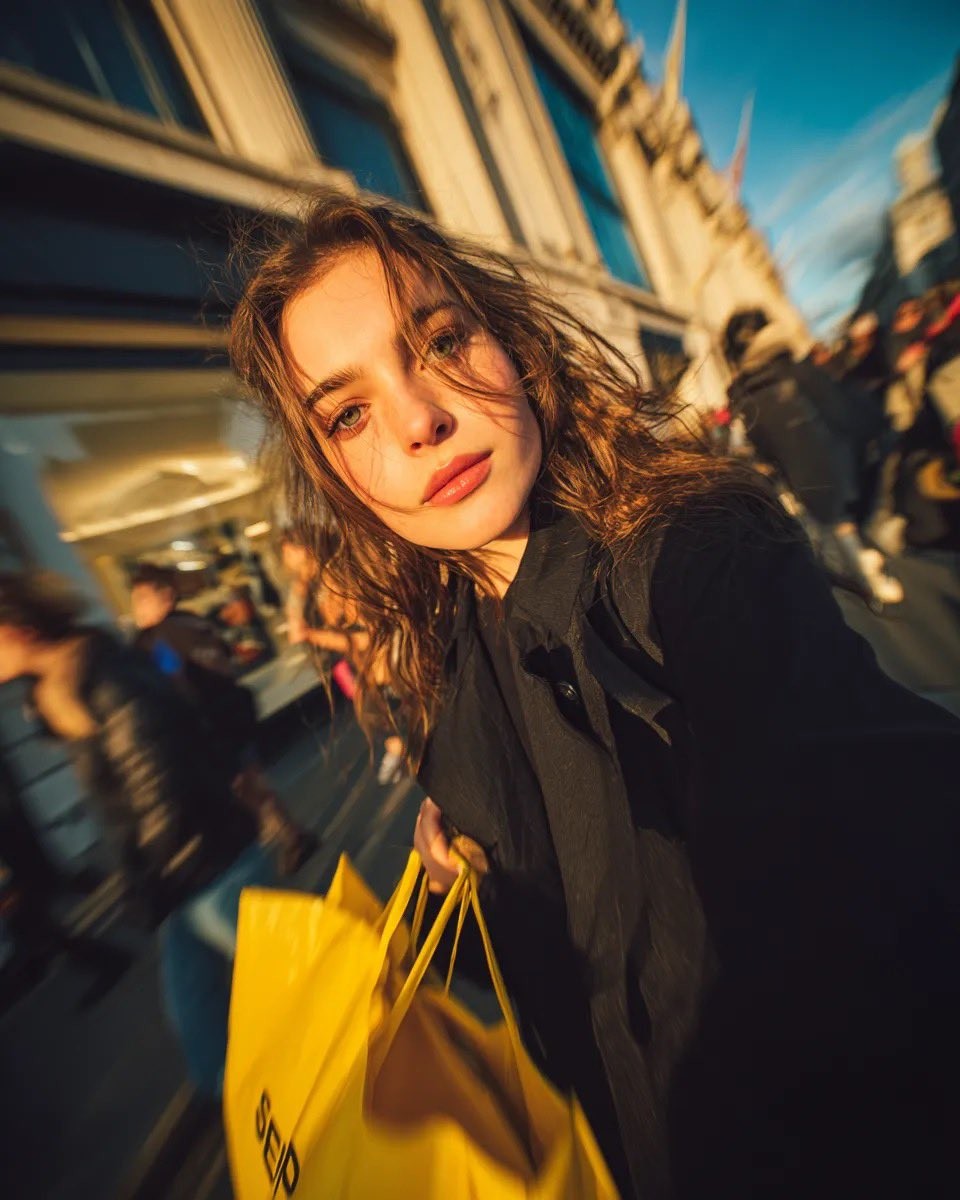 Golden Hour Shopping Street Yellow Bags Cinematic Portrait