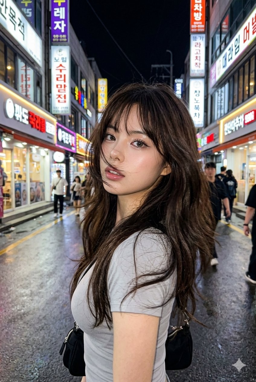 Neon Street Hair Sweep Douyin Shimmer Makeup Urban Portrait