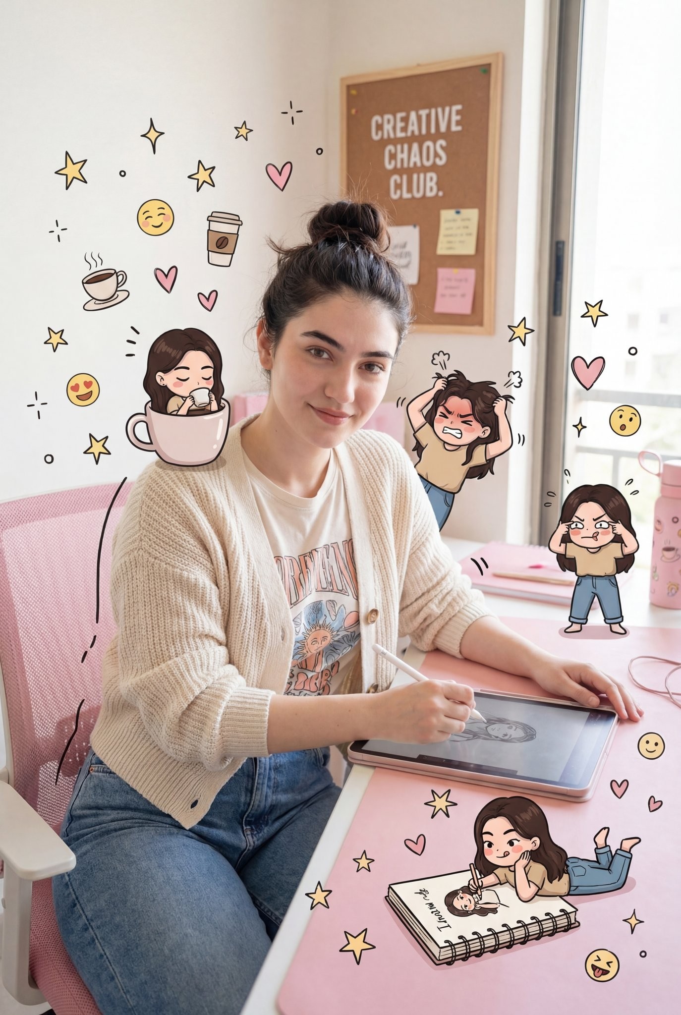 Pink Office Chibi Minis Doodle Creative Portrait