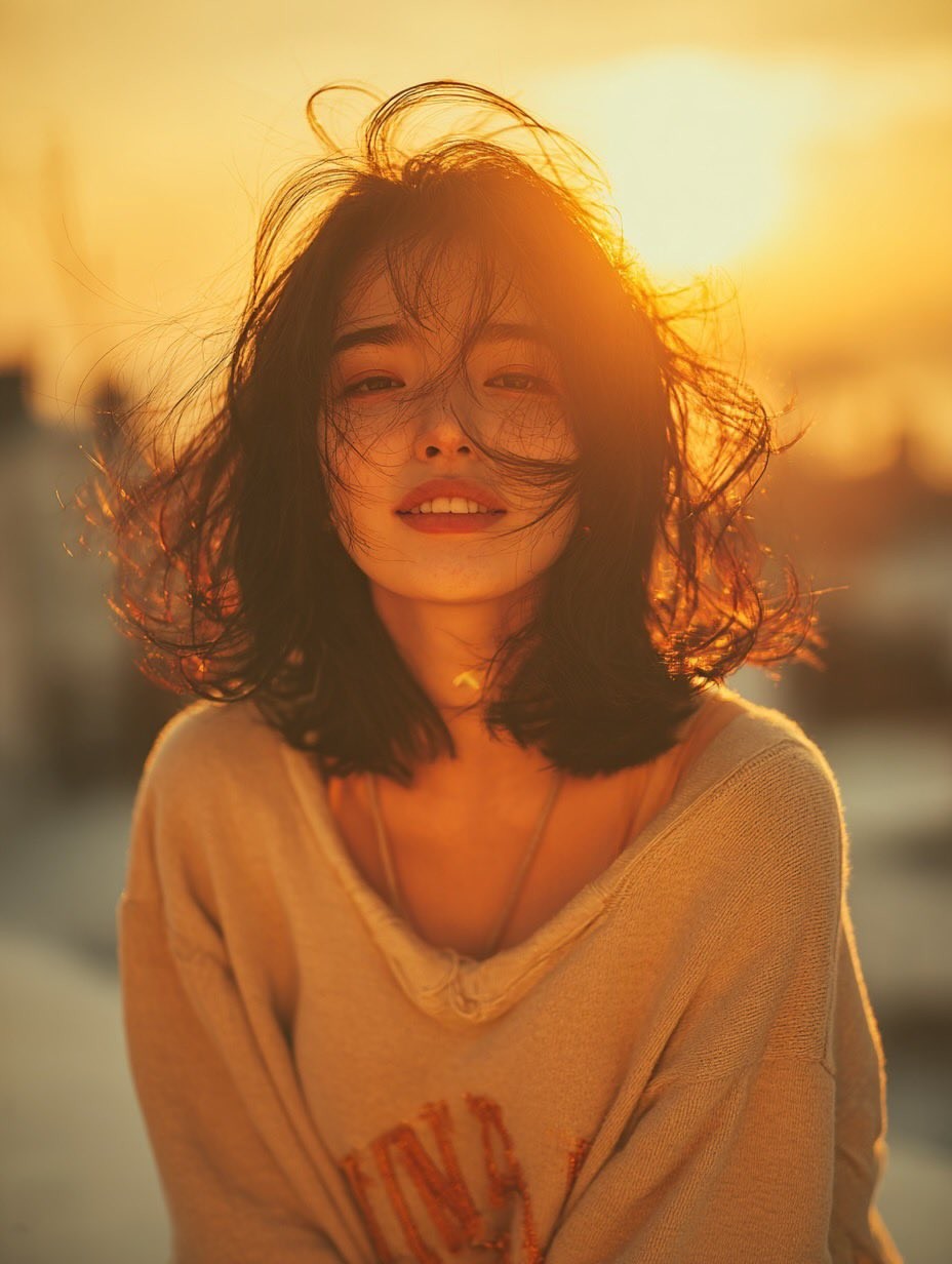 Urban Rooftop Backlit Wind-Blown Hair Cinematic Portrait
