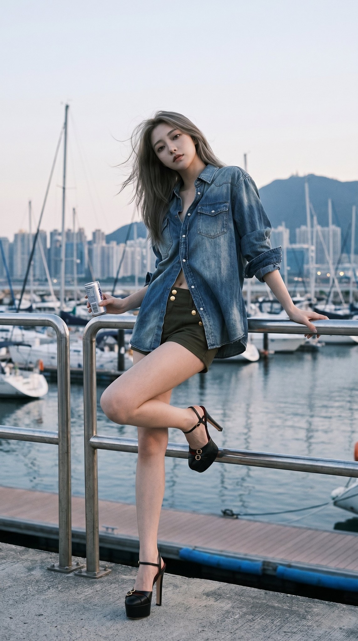 Harbor Dusk Denim Shirt Heels Editorial Portrait