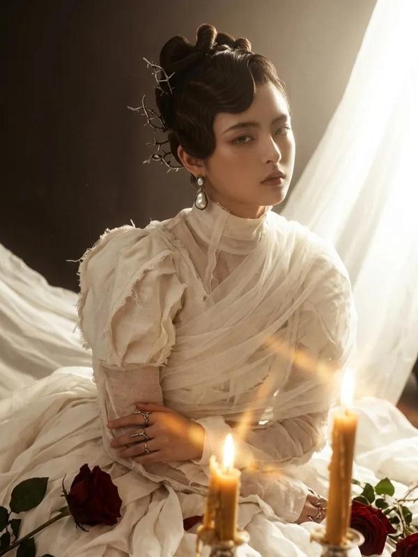 White Silk Fabric Sea Roses Candlelight Haute Couture