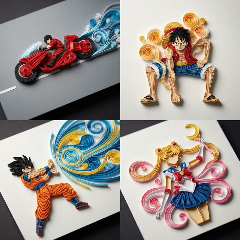 Paper Quilling Papercraft Manga Scenes 2x2 Grid