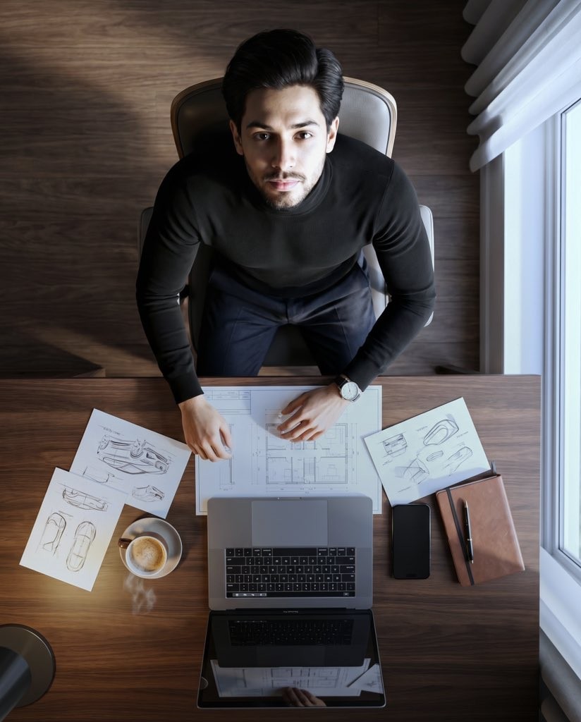 Birds-Eye Luxurious Workspace Black Turtleneck Portrait