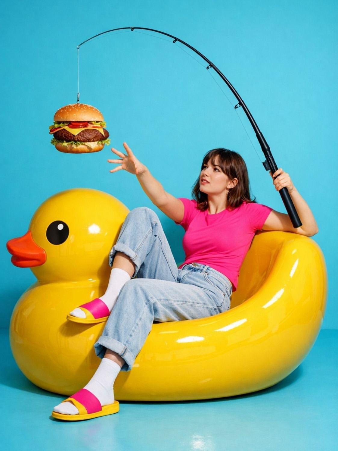 Yellow Duck Chair Teal Background Pop Art Portrait