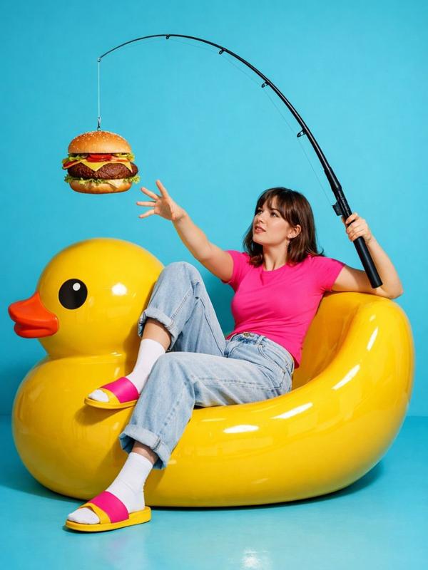Yellow Duck Chair Teal Background Pop Art Portrait