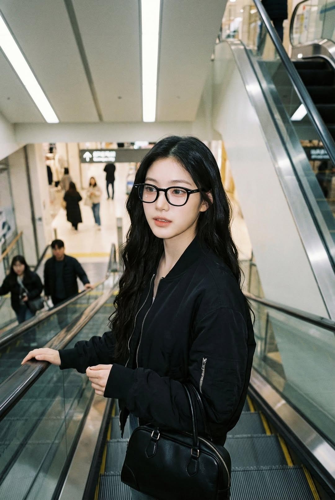 Escalator Lady Horn-Rim Glasses Bomber Jacket Candid