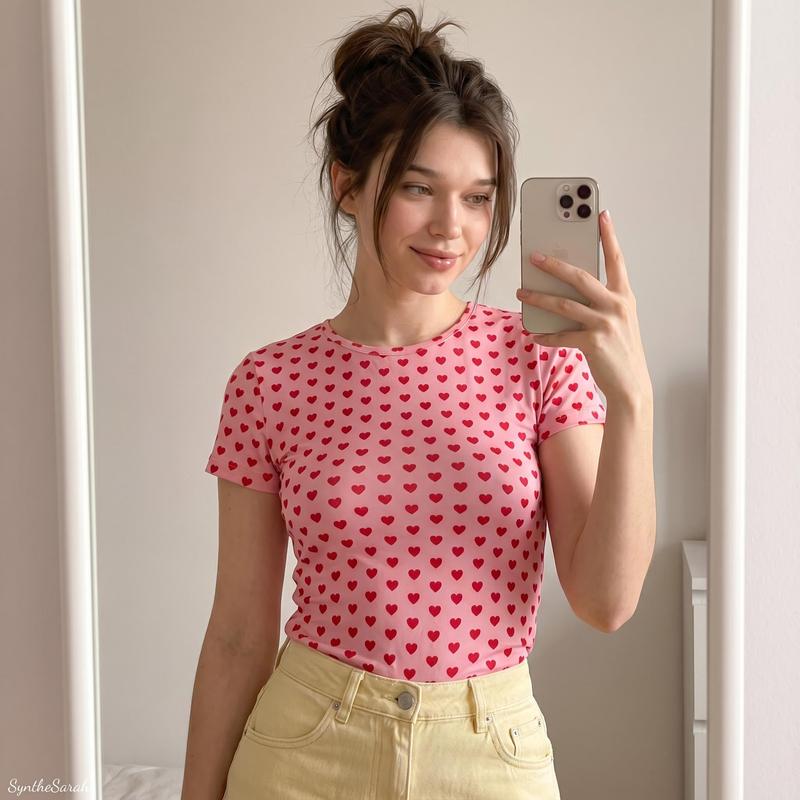 Pink Heart-Tee Mirror Selfie Cute Realistic Portrait