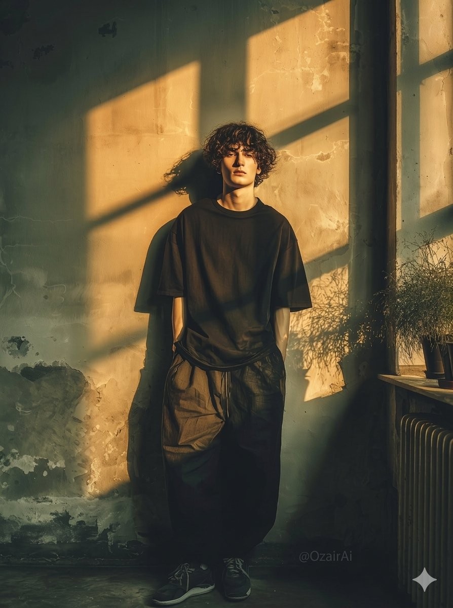 Window Shadow Curly-Hair Guy Golden Hour Portrait