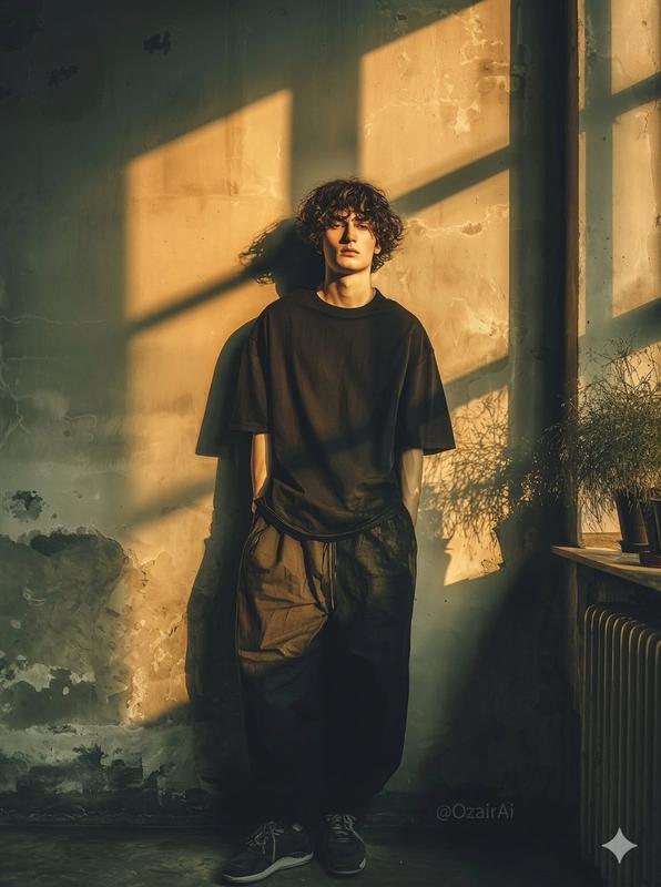 Window Shadow Curly-Hair Guy Golden Hour Portrait