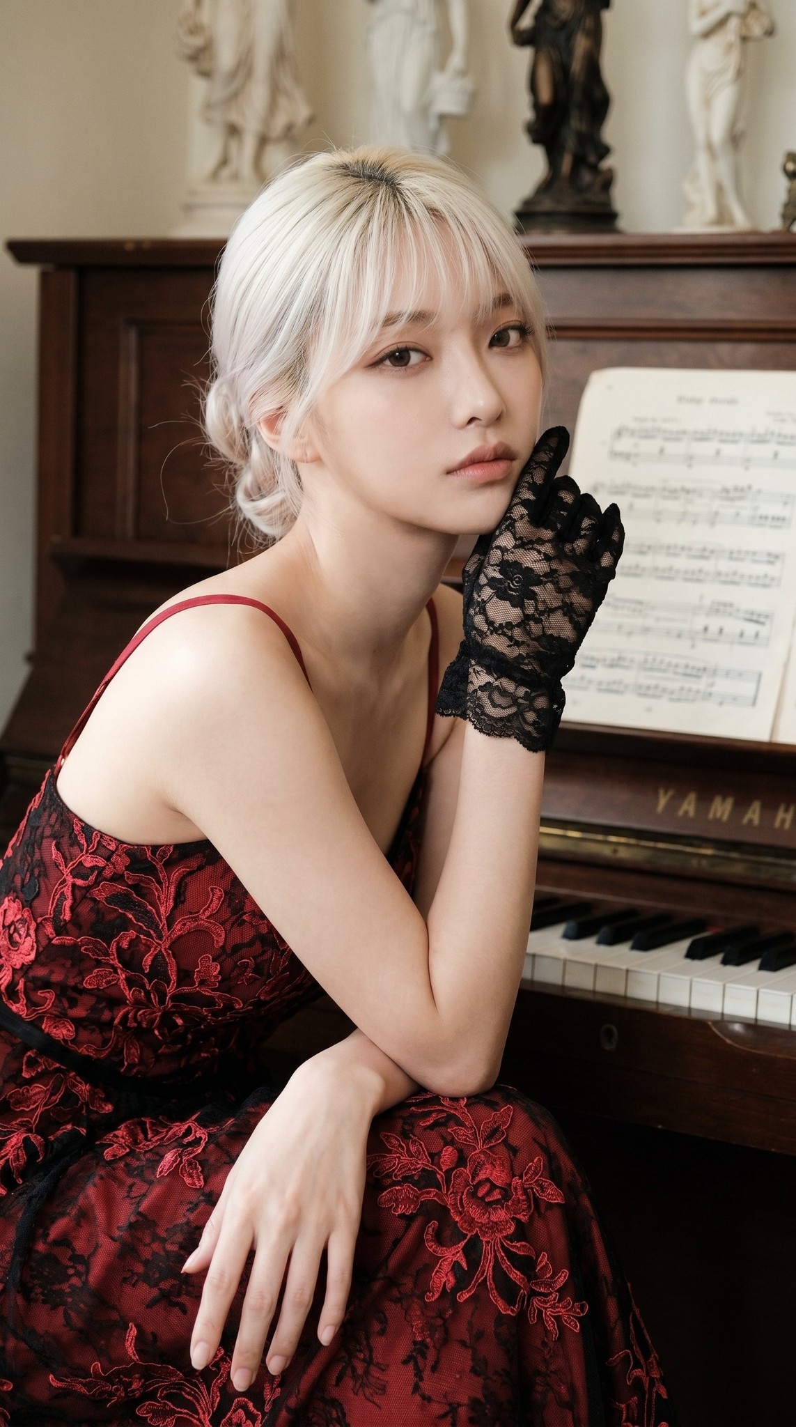 Upright Piano Black Lace Glove Red-Black Lace Dress Gothic Portrait