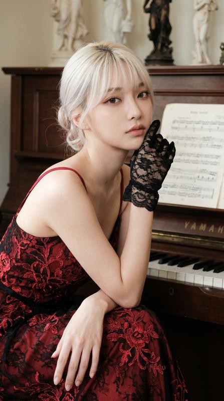 Upright Piano Black Lace Glove Red-Black Lace Dress Gothic Portrait