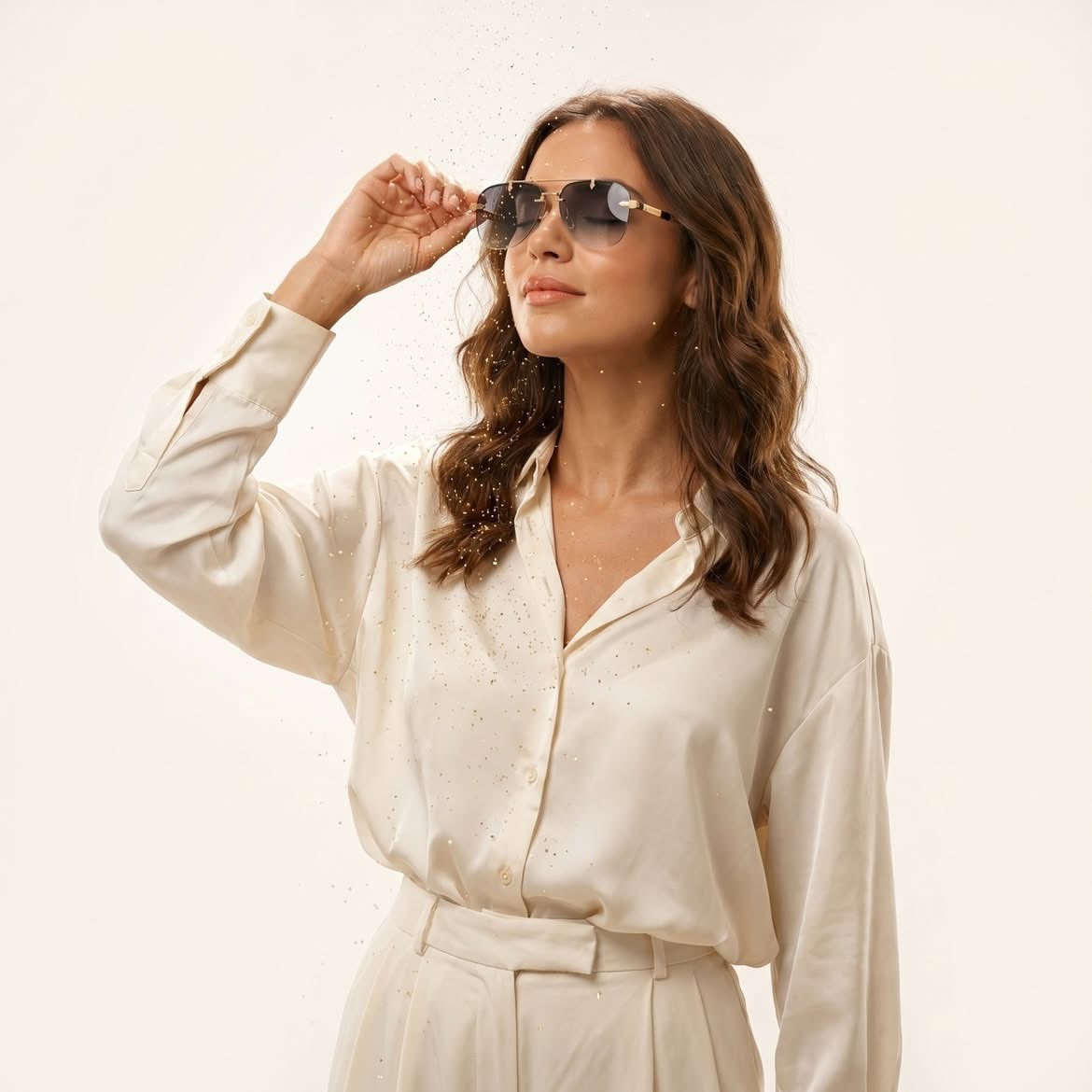Cream Silk Blouse Golden Dust Particles Luxury Fashion Portrait